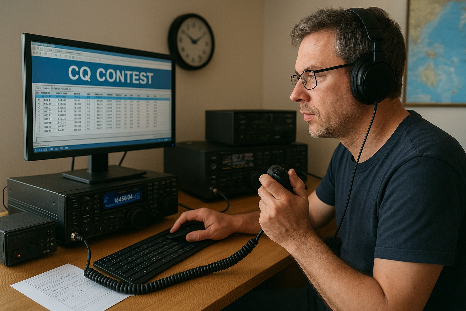 KI-generiertes Symbolbild eines Funkamateurs vor seinem Funkgerät im Contest